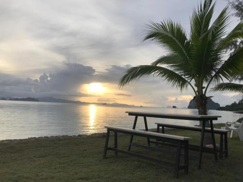 a picnic table and a palm tree in front of the water at Koh Yao Yai Sea Breeze House เกาะยาวใหญ่ซีบรีซเฮ้าส์ in Ko Yao Yai