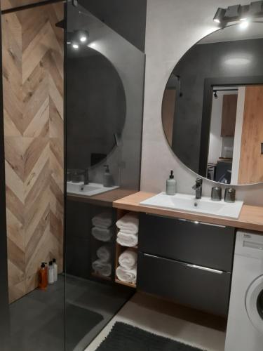 a bathroom with a sink and a mirror at Apartament nad Wilgą in Garwolin