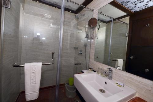 a bathroom with a sink and a shower with a mirror at Ethnotel, Kolkata Airport in Kolkata