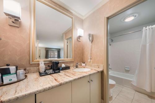 a bathroom with a sink and a toilet and a mirror at SureStay Plus Hotel by Best Western Mountain View in Mountain View