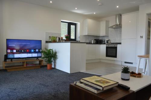 a kitchen with white cabinets and a tv in a room at Cozy & Bright 2-Bedroom Apartment with Large Balcony and Free Parking in Oxford