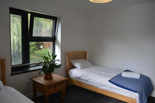 a bedroom with a bed and a plant on a table at 5 Jarn Court. in Oxford