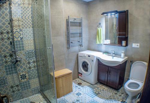 a bathroom with a washing machine and a sink at Cozy Apartment in Bakuriani in Bakuriani