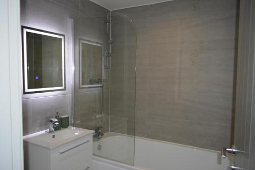 a bathroom with a shower and a tub and a sink at Cozy & Bright 2-Bedroom Apartment with Large Balcony and Free Parking in Oxford