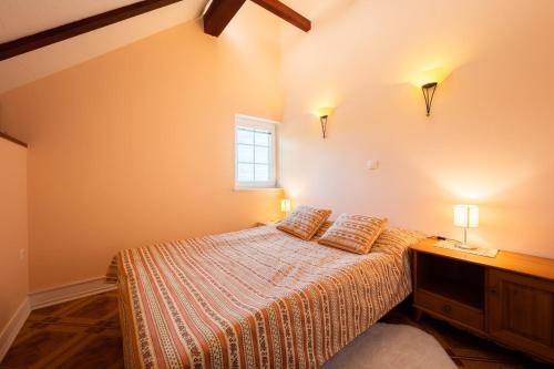 a bedroom with a bed with two pillows and a window at Villa Zupan with Hot Tub in Škocjan