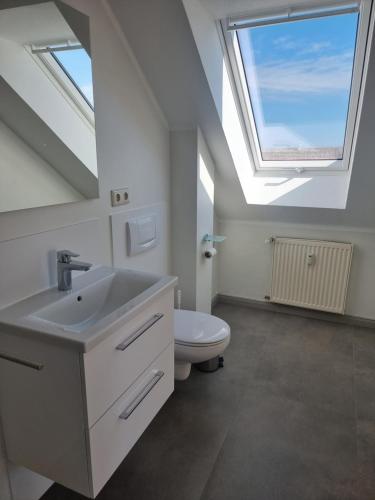 a bathroom with a sink and a toilet with skylights at Visum Mare in Alt Reddevitz