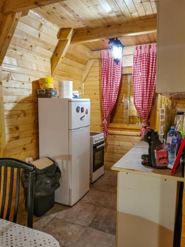 a kitchen with a white refrigerator and a stove at Breeze Home Cottage in Cetinje