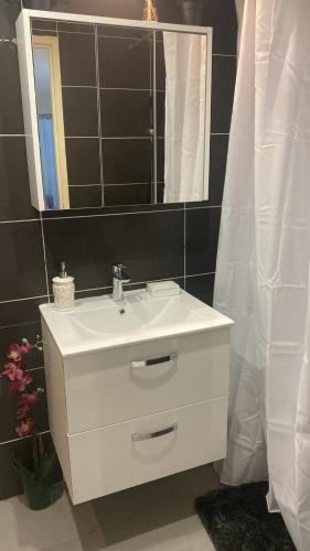 bagno con lavandino bianco e specchio di Studio - Carré de Soie Vaulx en Velin a Vaulx-en-Velin