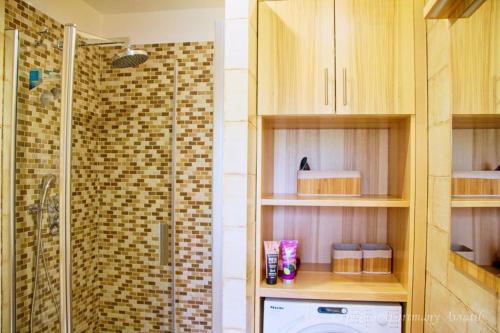 a bathroom with a shower and a washer and sink at Aviatik apartmány in Jeseník