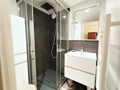 a bathroom with a shower and a sink and a mirror at Studio Aix-les-Bains, 1 pièce, 2 personnes - FR-1-555-44 in Aix-les-Bains