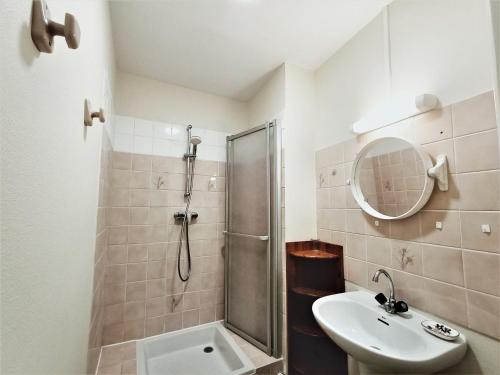 uma casa de banho com um chuveiro, um lavatório e um espelho. em Appartement Aix-les-Bains, 2 pièces, 2 personnes - FR-1-555-48 em Aix-les-Bains
