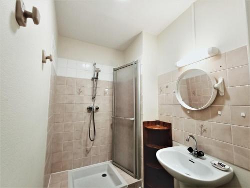 une salle de bain avec une douche, un lavabo et un miroir dans l'établissement T2 lumineux en centre-ville avec parking, animaux acceptés - FR-1-555-48, à Aix-les-Bains