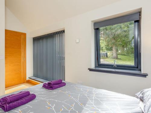 a bedroom with a large bed with purple pillows on it at Burn View 