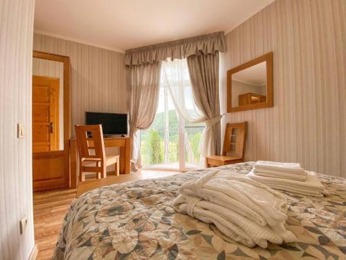 ein Schlafzimmer mit einem großen Bett und einem Fenster in der Unterkunft Mini hotel Solnce Karpat in Poljana