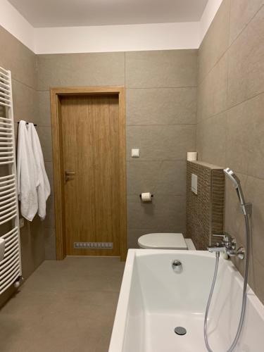 La salle de bains est pourvue d'une baignoire, de toilettes et d'un lavabo. dans l'établissement Apartmán Hubertus – Karlova Studánka, à Karlova Studánka
