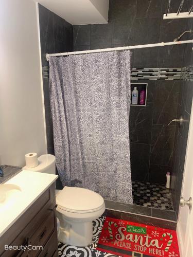 a bathroom with a shower curtain and a toilet at Sweet and beautiful bedroom in Baltimore