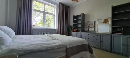 een slaapkamer met een bed, een raam en een dressoir bij ReHouse Vokieciu str.9, 2 bedroom in Vilnius