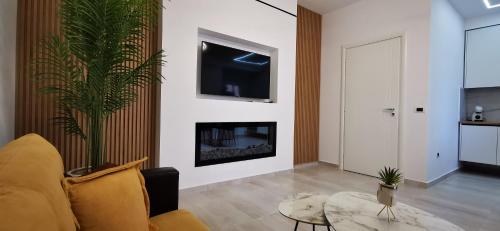 a living room with a couch and a fireplace at Lungomare Luxury Sea View Apartaments in Vlorë