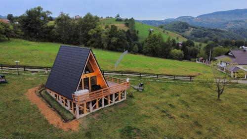 uma pequena casa com um telhado num campo em CABANA 365 em Braşov