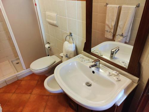 a bathroom with a sink and a toilet and a mirror at Albis Harena - Porto Antigo 2 in Santa Maria