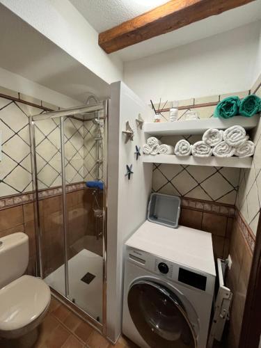 a bathroom with a washing machine and a shower at Marine Studio on the Beach in Icod de los Vinos
