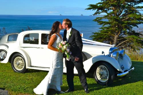 a bride and groom kissing next to a white car at Ahu Ahu Beach Villas in Oakura