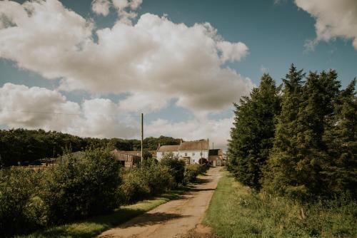 a dirt road with trees and a house in the distance at White Side Cottage in Haltwhistle