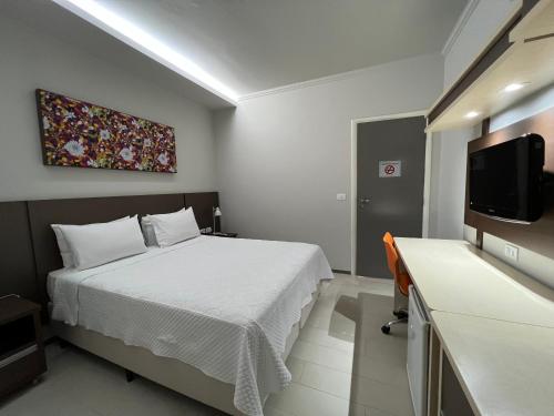 a bedroom with a bed and a flat screen tv at Guaicurus Hotel in Chapadão do Sul