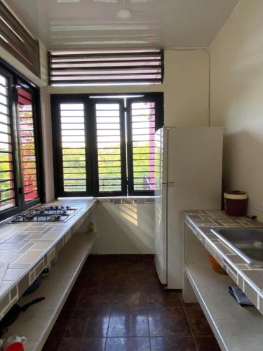 a kitchen with a refrigerator and some windows at Finca Villa Sofía Campestre con piscina in Anapoima