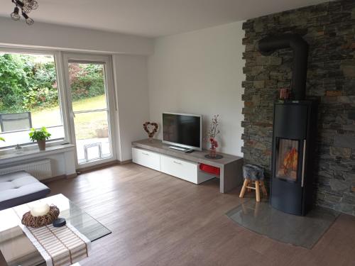 Una sala de estar con chimenea y televisión. en Haus Luise Weber, en Hilders