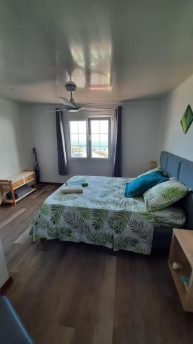 Un dormitorio con una cama grande y una ventana en Chambre vue sur mer entre Grande Anse et Manapany, en Petite Île