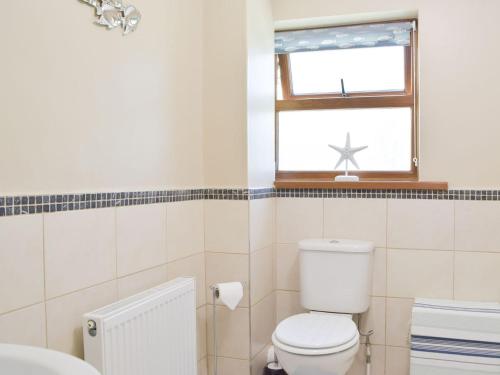 a bathroom with a toilet and a window at Ty Celyn Farmhouse in Pont Yates