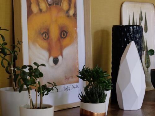 a table with potted plants and a picture of a fox at Mille et une feuilles in Saint-Martin-lez-Tatinghem