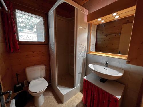 ein Bad mit einem WC, einem Waschbecken und einer Dusche in der Unterkunft Murgiers B1 - Chalet mitoyen in La Clusaz