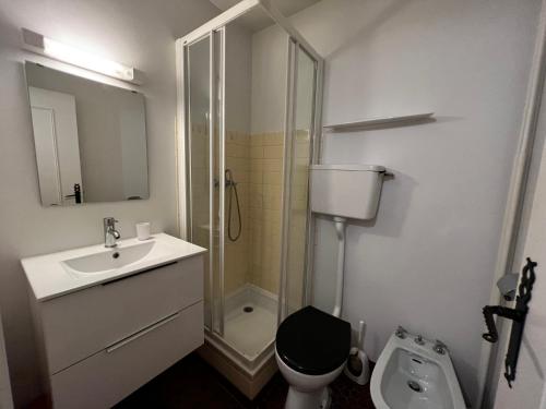 une salle de bain avec une douche, des toilettes et un lavabo dans l'établissement Viking 23 - Appartement 5 pers centre du village, à La Clusaz