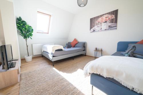 ein Wohnzimmer mit einem Bett und einem Sofa in der Unterkunft FULL HOUSE Studios - The Buffalo Apartment - WiFi in Zwickau
