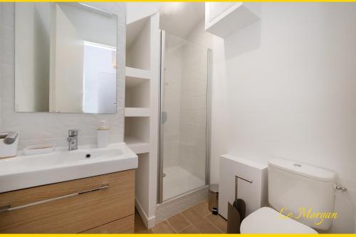 bagno con lavandino, doccia e servizi igienici di Le Morgan - Magnifique appartement cours principal plein centre avec parking a Salon-de-Provence