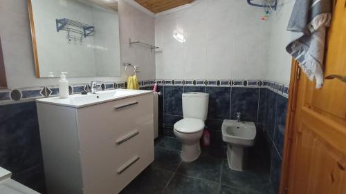 y baño con aseo, lavabo y espejo. en Masia La Roca, en Castellnou de Bages