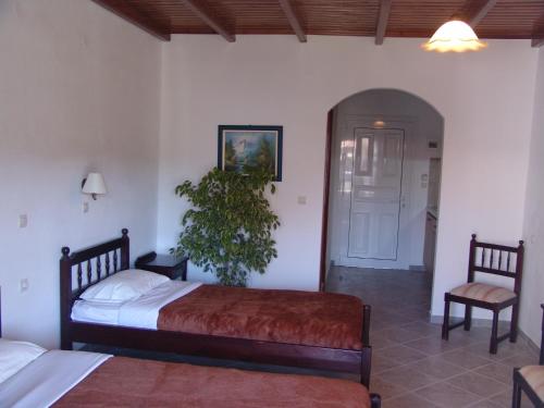 a bedroom with two beds and a plant in it at Captain Homer Studios in Mesongi