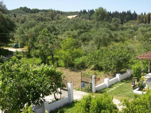 Blick auf einen Garten mit Zaun und Bäumen in der Unterkunft Captain Homer Studios in Mesongi