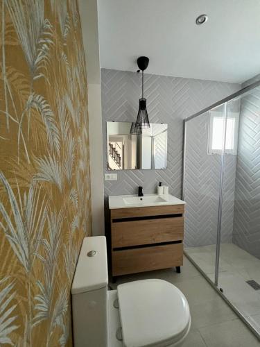 a bathroom with a toilet and a sink and a mirror at Alojamiento Rural Buenavista in Arcos de la Frontera