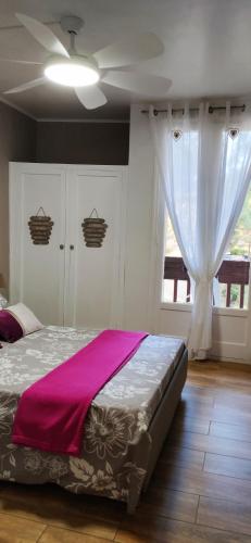 - une chambre avec un lit et une couverture rose dans l'établissement Chaleureux T2 rénové Mer à 2 pas WIFI BALCON, à Plage dʼArgelès