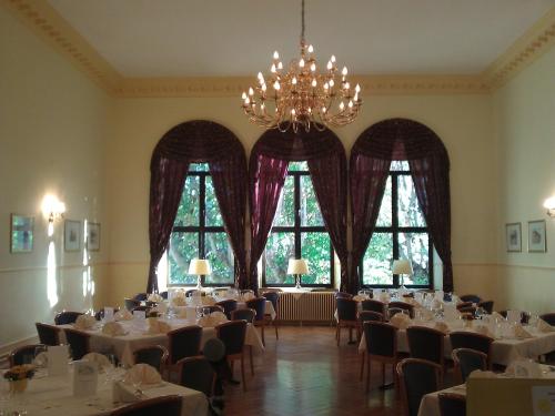 a dining room with tables and chairs and a chandelier at Hotel-Restaurant Schwanen in Weil am Rhein