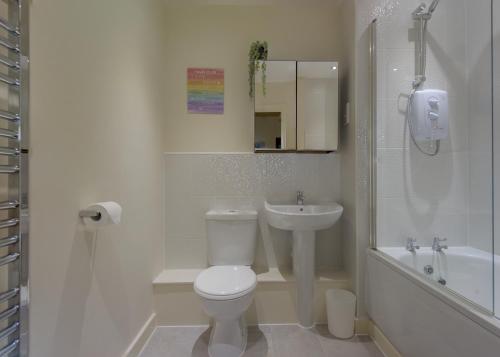 y baño con aseo, lavabo y ducha. en Ground Floor Apartment Private Parking Sleeps 5 near City Centre and Shopping Centre en Birmingham