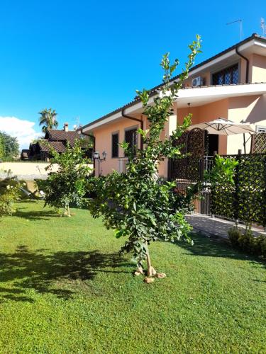 two trees in a yard in front of a house at Villa Vittorio in Infernetto