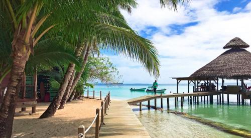 a dock on a beach with a boat in the water at Casa Cayuco Eco-Adventure Lodge in Bocas del Toro