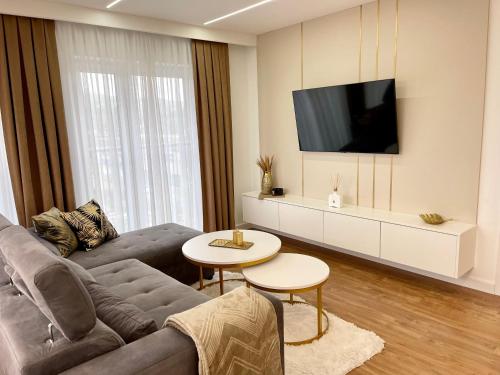 a living room with a couch and a tv at Apartamenty Centrum Apartament X1 in Mszana Dolna