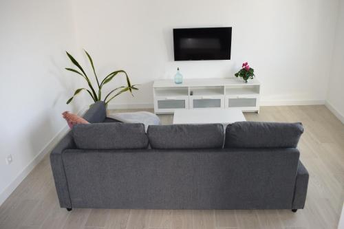 - un salon avec un canapé gris et une télévision dans l'établissement Apartamento Corcubica mirando al mar, à Vilagarcía de Arousa