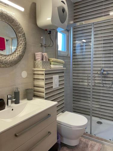 a bathroom with a toilet and a sink and a shower at Apartman IVA in Tučepi