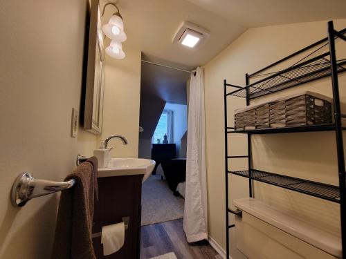 a bathroom with a sink and a toilet and a shower at The Iris - A Cheerful Midtown Getaway in Harrisburg